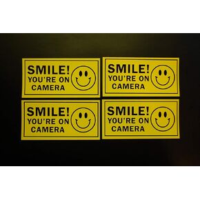 Smile You're On Camera Security Stickers Vinyl Decals (4 Pack) Indoor Outdoor Waterproof Self Adhesive 4" X 2" (X4PS61)