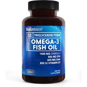 BioEmblem Omega-3 Fish Oil 2000mg - Small Size Softgels, High Absorption Form, Sustainable - 1400mg EPA &DHA Plus Vitamin D3, Non-GMO, Heart, Joint, & Brain Health Fish Oil Supplement, 120 Ct