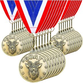 Remuuly 30 Pcs Greatest of All Time Medals 3D Goat Medal Award Gold Champ Medal Gift with Neck Ribbon Football MVP Trophy Pendant Medal for Tournament League Champion Winner
