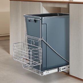 Pull Out Trash Can with Removable Metal Basket, Stainless Steel Kitchen Adjustable Trash Slide Out Shelf, Cabinet Trash Can Pull Out Kit, Fit 7-11 Gallon Garbage Can (Trash Can Not Included, Black)
