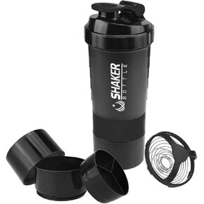 Protein Shaker Bottle - Sports Water Bottle - Non Slip 3 Layer Twist Off 3oz Cups with Pill Tray - Leak Proof Shake Bottle Mixer- Protein Powder 22 oz Shake Cup with Storage