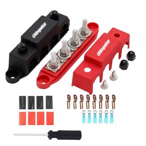 250Amp Power Distribution Block Battery Bus Bar 4 Post 5/16'' M8 Terminal Stud Junction Block Insulated with Cover and Ring Terminals DC12-48V for Marine RV Boat Automotive (2PCS, Red&Black)