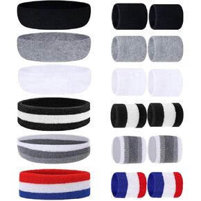 18pcs Striped Sport Sweat Band Headband Wristbands Set,12 Workout Wristbands and 6 Headbands for Men Women, Tennis Running Sweatbands Gym Accessories