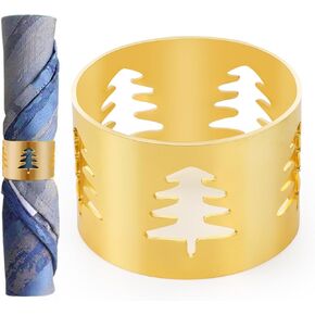 Christmas Napkin Rings Set of 6 Gold Napkin Holders with Christmas Tree, Napkin Buckles for Xmas,Thanksgiving, Holidays, Dinner, Banquet, Weddings, Family Gathers, Dining Table Settings Decoration