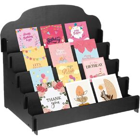 PATIKIL Greeting Card Display Stand, 4 Tiered Sticker Display Holder Portable Postcard Display Stand Wooden Greeting Card Display Rack for Card Photo, 15.8 x 10.4 x 14.2, Black