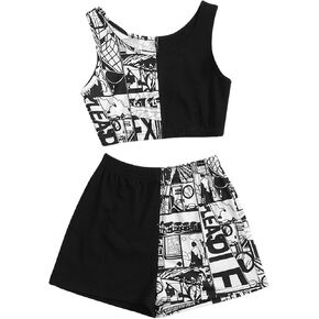 OYOANGLE Girl's 2 Piece Outfits Graphic Crew Neck Crop Tank Top and Shorts Set Tracksuit