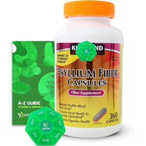 Psyllium Fiber Capsules, 360 Count, Dietary Supplement with Exclusive Better Ligth&Spring Guide + Weekly Pill Organizer (3 Items)