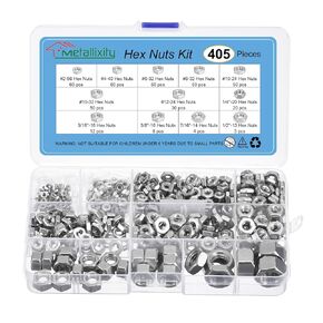 METALLIXITY Hex Nuts Assortment Kit (#2-56#4-40#6-32#8-32#10-24#10-32#12-24 1/4"-20 5/16"-18 3/8"-16 7/16"-14 1/2"-13) 405Pcs, 304 Stainless Steel Hexagon Nut Hardware