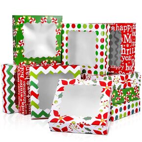 30 Pcs Christmas Cookie Boxes with Window 9 x 9 x 2.5 inch Xmas Treat Boxes Candy Bakery Cupcakes Desert Container for Pastries Packaging Christmas Party Supplies Gift Giving