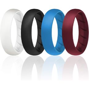 ROQ Silicone Rubber Wedding Ring for Women, Rubber Silicone Wedding Band, Bridal Jewelry Set, Anniversary Rings, Promise Ring, 5.5mm Wide 2mm Thick, 4 Pack, Bordeaux, Navy Blue, White, Black, Size 4