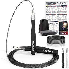 Speed Jump Rope, 360°Double Ball Bearing High Speed Weighted Skipping Rope with Self-Locking Screw-Free Design & Training Poster, 2 Tangle Free PU Speed Rope for Boxing, Crossfit & Home Exercise(Men & Women)