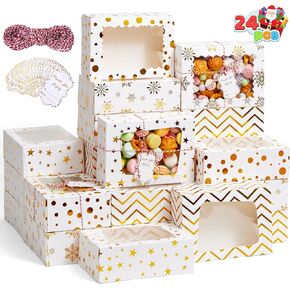 JOYIN 24 Pcs Christmas Cookie Boxes, Gold Foil Treat Box with Window 6" x 6" x 3" Bakery Gift Wrapping Box with 4 Designs for Xmas Holiday Party Favor Pastries, Cupcakes, Cookies, Donuts Gift-Giving