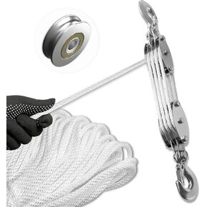 Block and Tackle Pulley System, Upgraded 4-Wheel Rope Pulley Hoist, 8:1 Lifting Power, 2200LB Work Load with 65Ft of 1/4" Rope, Ultra-Compact Rope Hoist for Garage, Hunting, and Heavy Lifting