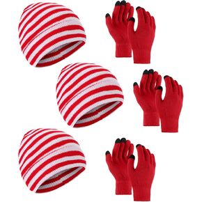 SATINIOR 6 Pieces Red White Stripe Beanie and Touchscreen Gloves Set Women Winter Knit Hat Soft Skull Cap for Christmas Gift in Saudi Arabia