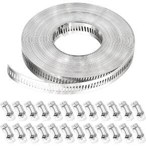 33FT Hose Clamps,304 Stainless Steel Hose Clamp Assortment Kit DIY Metal Strapping with Holes+24 Fasteners,Adjustable Worm Gear Large Hose Clamps Metal Band Screw Clamp Straps for Pipe,Duct,Tube