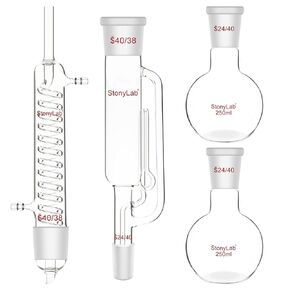 stonylab Soxhlet Type Extraction Kit, Borosilicate Glass 40/38 Soxhlet Extractor with Graham Condenser and Two 250 ml 24/40 Flat Bottom Flasks for Extraction Processes
