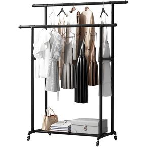 BOSURU Double-Rod Black Clothes Racks, Industrial Pipe Clothing Rack with Wheels, Garment Rack with Shelf and 2 Side Rods, Loads up to 220 lb, for Bedroom, Clothing Store