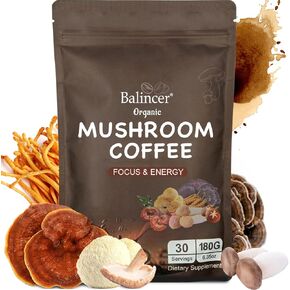 Mushroom Coffee Organic, 6 Adaptogenic Mushrooms (Lion's Mane, Cordyceps, Turkey Tail & Other) Mixed with Premium Instant Coffee for Focus, Energy, Immune and Gut Health Support, 30 Servings