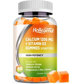 Calcium 1200 mg with Vitamin D3 Gummies, Calcium Citrate Chewables with Magnesium Zinc Vitamin K2 Boron, Bone Health, Sugar Free, 60 Count