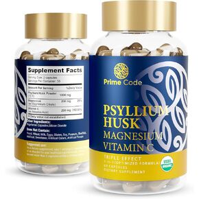 [ 3 𝐢𝐧 𝟏] Psyllium Husk Capsules with Magnesium Citrate and Vitamin C | Psyllium Husk Capsules 1000mg | Magnesium Citrate 200mg | Vitamin C 250mg | Organic | Non-GMO | Gluten & Soy Free | Vegan