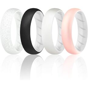 ROQ Silicone Rings for Women, Breathable Silicone Rings, Sets of 4 Bands, Unique Silicone Wedding Ring for Women, Medical Grade Silicone Rubber Band - White, Gold, Black Colors - Size 8