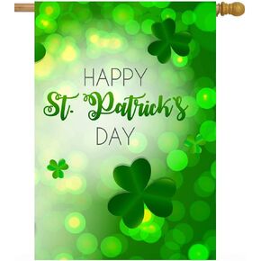Happy St Patrick's Day Green Shamrock Clover Spring House Flag 28" x 40" Double Sided Polyester Welcome Large Yard Garden Flag Banners for Patio Lawn Home Outdoor Decor