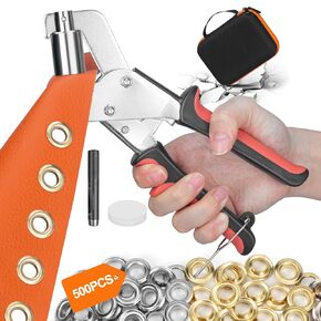 Heavy Duty Grommet Tool Kit, 3/8 Inch 10 mm (Inside Diameter) Handheld Eyelet Press Pliers with 500pcs Silver Grommets in Gold and Silver, Grommet Eyelet Pliers Kit with Hard Shell Case