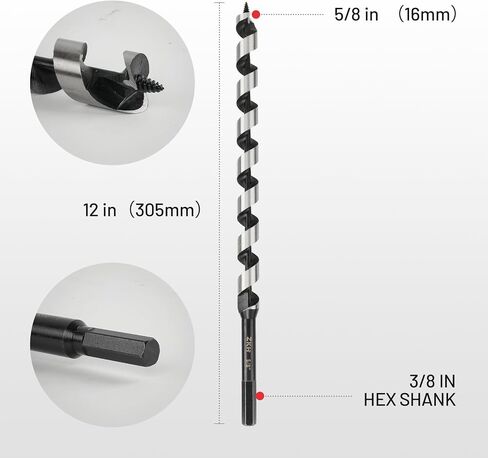ZKH Auger Drill Bit for Wood, 3/8 x 12 Inch Long Drill Bit with 3/8" Hex Shank, High Carbon Steel Wood Drill Bit with Self-Positioning Tip, Smooth Drilling for Soft and Hardwood, Plastic, Drywall in Saudi Arabia