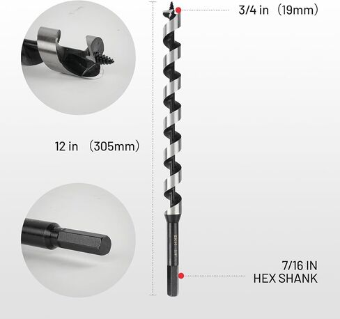 ZKH Auger Drill Bit for Wood, 3/8 x 12 Inch Long Drill Bit with 3/8" Hex Shank, High Carbon Steel Wood Drill Bit with Self-Positioning Tip, Smooth Drilling for Soft and Hardwood, Plastic, Drywall in Saudi Arabia