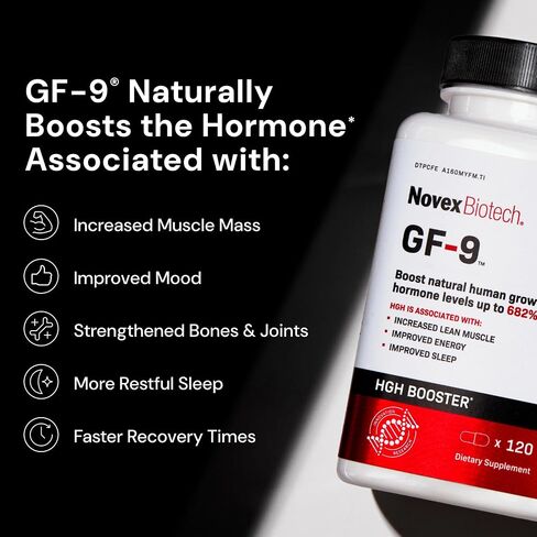 Novex Biotech GF-9 - مكمل تعزيز هرمون النمو للرجال - مجمع التمارين للرجال - دعم الطاقة والقدرة على التحمل والنوم، 120 قيراط (كمية تكفي لمدة 30 يومًا) in Kuwait