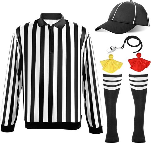 6 Pcs Official Referee Costume Set Long Sleeve Black and White Stripe Referee Zipper Collar Shirt Official Referee Hat Stainless Whistle with Lanyard Yellow Red Penalty Flag Striped Socks in Saudi Arabia