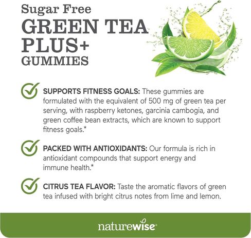 NatureWise Green Tea Gummies - Keto, Sugar Free - Supports Fitness Goals for Women & Men - 500mg Green Tea + Raspberry Ketones, Garcinia Cambogia - Vegan, Gluten-Free - 60 Count[1-Month Supply] in Saudi Arabia