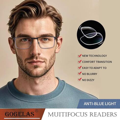 2 Pack Multifocal Progressive Reading Glasses Men, Blue Light Multifocus Bifocal Readers for Mid and Near Range in Saudi Arabia