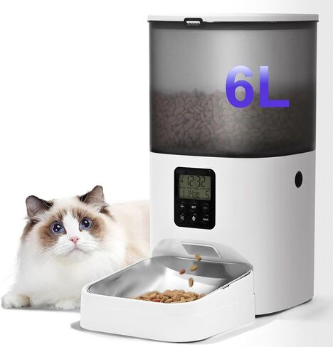 Automatic Cat Feeder, 4L Cat Food Dispenser with Timer Interactive Voice Recorder, Auto Cat Feeder with Desiccant Bag 1-8 Meals Dry Food, White Translucent in Kuwait