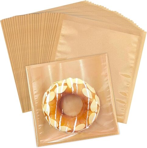 Heat Sealable Bakery Bags with Window, 100 Pack 7x7.5 Inches Cookie Bags Kraft Paper Greaseproof Pastry Bags with Clear Front for Baked Goods Packaging (Brown-100PCS) in Saudi Arabia