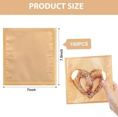 Heat Sealable Bakery Bags with Window, 100 Pack 7x7.5 Inches Cookie Bags Kraft Paper Greaseproof Pastry Bags with Clear Front for Baked Goods Packaging (Brown-100PCS) in Saudi Arabia