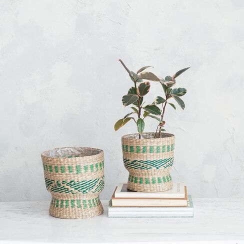 سلة ثنائية من الأعشاب البحرية التعاونية الإبداعية مع بطانة بلاستيكية، خضراء وطبيعية، مجموعة من 2 in Kuwait