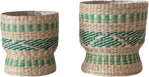 سلة ثنائية من الأعشاب البحرية التعاونية الإبداعية مع بطانة بلاستيكية، خضراء وطبيعية، مجموعة من 2 in Kuwait