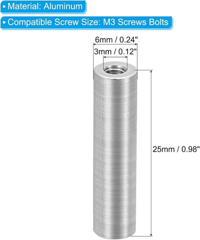 PATIKIL M3 Aluminum Spacers, 12 Pcs Metal Spacer Aluminum 3mm ID x 6mm OD x 20mm L Threaded Spacer Screw Standoff Round for RC Car Drones Motherboard, Silvery in Saudi Arabia