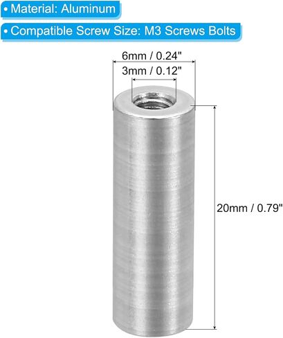PATIKIL M3 Aluminum Spacers, 12 Pcs Metal Spacer Aluminum 3mm ID x 6mm OD x 20mm L Threaded Spacer Screw Standoff Round for RC Car Drones Motherboard, Silvery in Saudi Arabia