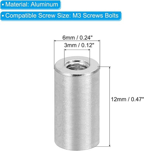 PATIKIL M3 Aluminum Spacers, 12 Pcs Metal Spacer Aluminum 3mm ID x 6mm OD x 20mm L Threaded Spacer Screw Standoff Round for RC Car Drones Motherboard, Silvery in Saudi Arabia