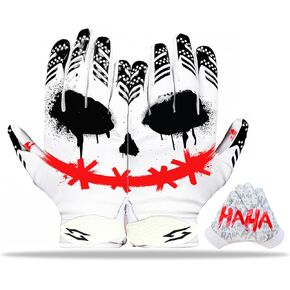 Joker Football Receiver Gloves White – White with Red Jester Smile Battle College Lineman Unleash Your Venom with Tacky Pro Grip Palms Football Gloves Men Adult Youth Kids Boys