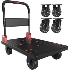 WUD Push Cart, Folding Mobile Platform Trolley, 360 Degree Swivel Wheels, 35.4 “L x 23.6 "W, 1323 lb. Load Capacity