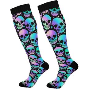 1 Pair Halloween Bright Skulls Compression Socks 20-30mmHg Knee High Women Socks Tube Athletic Stockings for Men Sport Soccer Running Cycling Medical Nurse Winter Travel