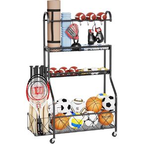 Sports Equipment Organizer, Ball Rack for Garage with Basket and 5 Hooks, Rolling Sports Sports Organizer Cart with Wheels, Garage Ball Storage, 38.8 x 15.2 x 62.4 in, Black, BST001B