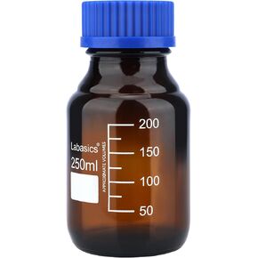 Reagent Media Storage Bottles, 1 Pack Amber Glass Graduated Round Bottles for Lab Reagent Media Storage Bottles with Blue Screw Cap, 1000 ml