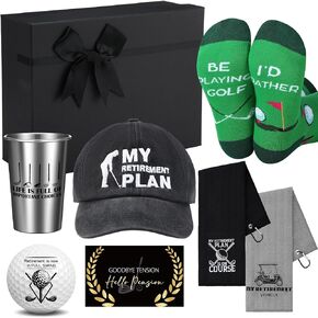 Skylety 8 Pcs Retirement Golf Gift Set for Men Funny Retirement Gifts Include Stainless Steel Cup Baseball Cap Socks Card Golf Towels Ball with Gift Box for Golfer Golf Lovers