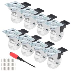 3 Inch Caster Wheels Set of 8, Crystal Swivel Casters with Brake for Carts/Cabinet/Dressers/Bench, with 360 Degree Top Plate,No Noise Locking Castors with Transparent PU Wheels