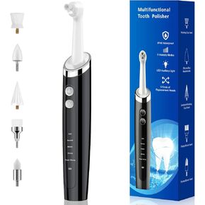 Rechargeable Tooth Polisher Kit for Daily Cleaning, Whitening and Polishing, Electric Dental Teeth Polisher with LED Light, 5 Brush Heads, 5 Speed Modes, Waterproof