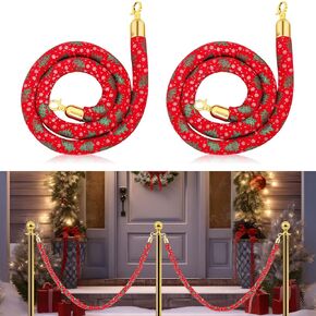 Christmas Red Velvet Stanchion Rope 5 Ft Crowd Control Barriers with Gold Hooks Xmas Red Carpet Ropes for Christmas Events Banquets Parties Movie Theater Opening (4 Pack,Christmas Tree)